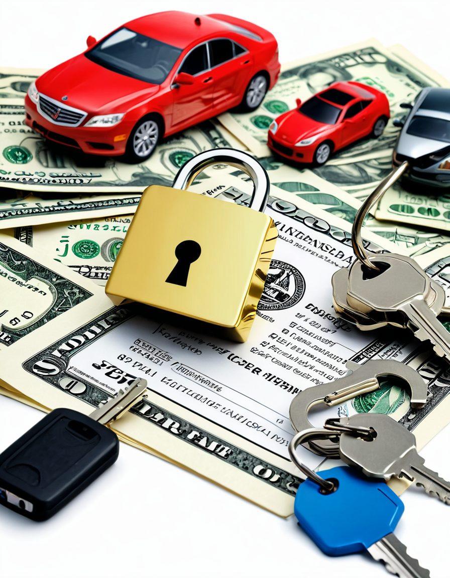 An open padlock with car keys and a calculator beside it, symbolizing unlocking secrets to affordable car insurance. Background features a family driving happily in a car, with dollar bills floating around, representing savings. Incorporate icons of various car insurance benefits like coverage types and discounts. Bright and engaging colors to attract attention. super-realistic. vibrant colors. white background.