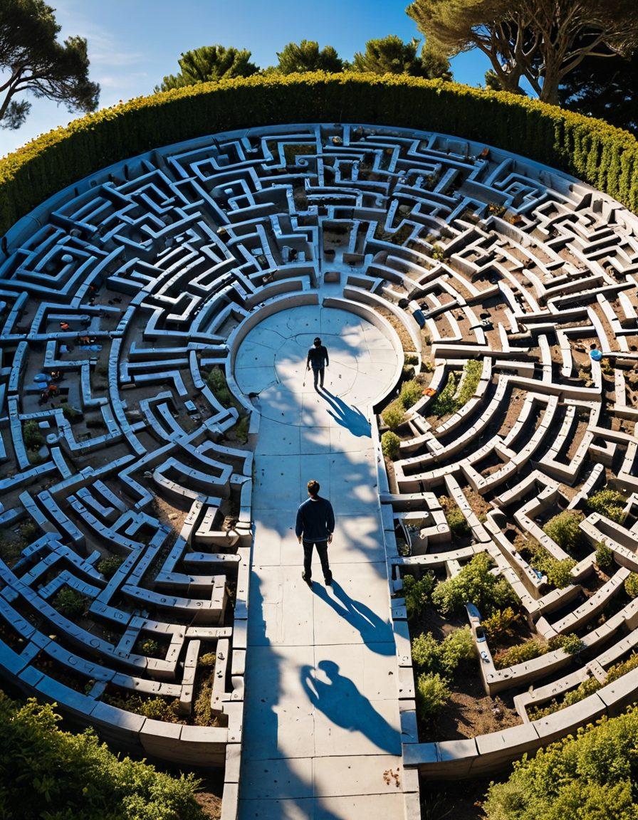 A labyrinthine maze made of car parts, with winding paths leading through various sections labeled 'Liability', 'Collision', 'Comprehensive'. A person standing with a map, looking determined yet puzzled. Soft, guiding light illuminating the paths and a clear sky above for hope. Vibrant colors. super-realistic.