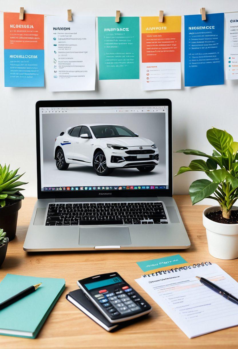 A modern, well-lit workspace with a laptop displaying a colorful infographic about motor insurance discounts. On one side, a calculator and a notepad filled with notes on coverage options. The backdrop features vibrant banners with icons representing car insurance, savings, and smart consumer choices. A potted plant adds a touch of greenery. super-realistic. vibrant colors. white background.